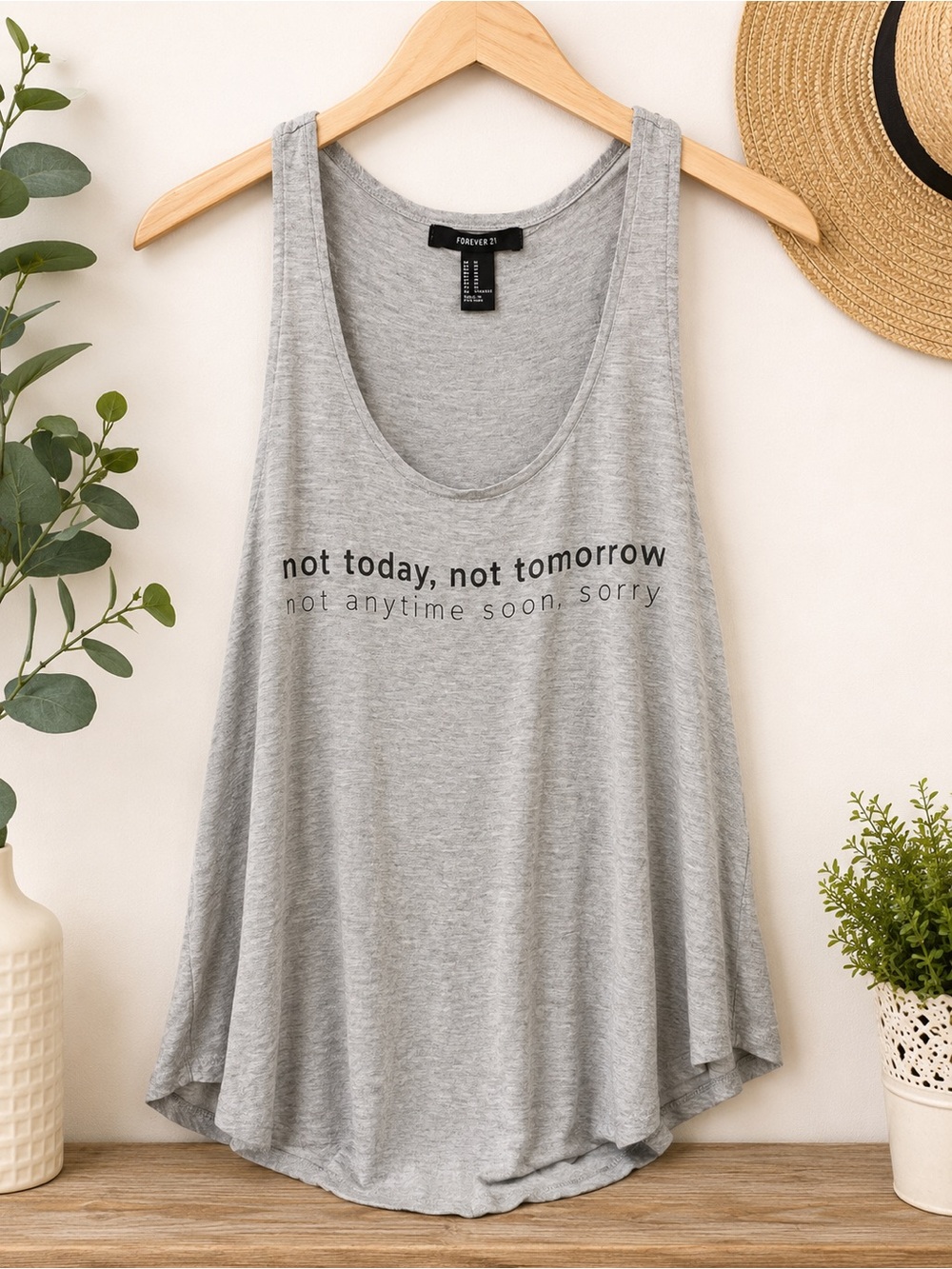 Forever 21 Gray Graphic Tank Top with Black Text